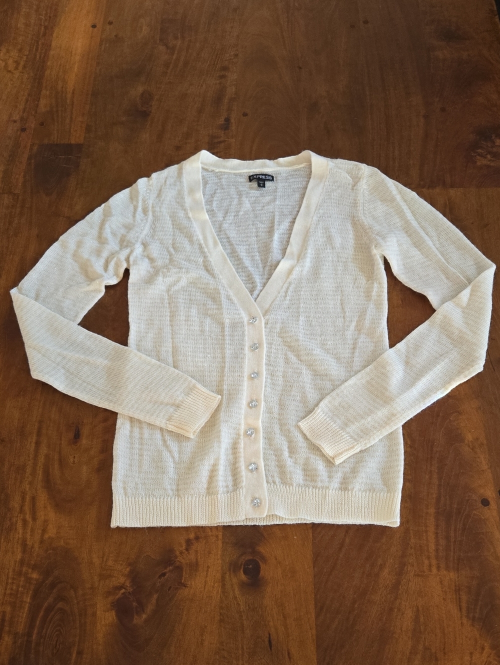Express Cream & Gold Striped V-Neck Button Front Wool Alpaca BlendCardigan Small